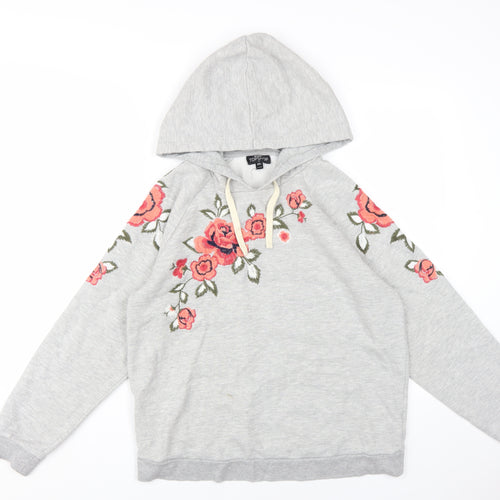 Topshop Grey Floral Embroidered Hoodie, Women's Small