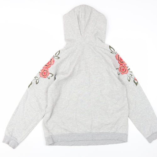 Topshop Grey Floral Embroidered Hoodie, Women's Small