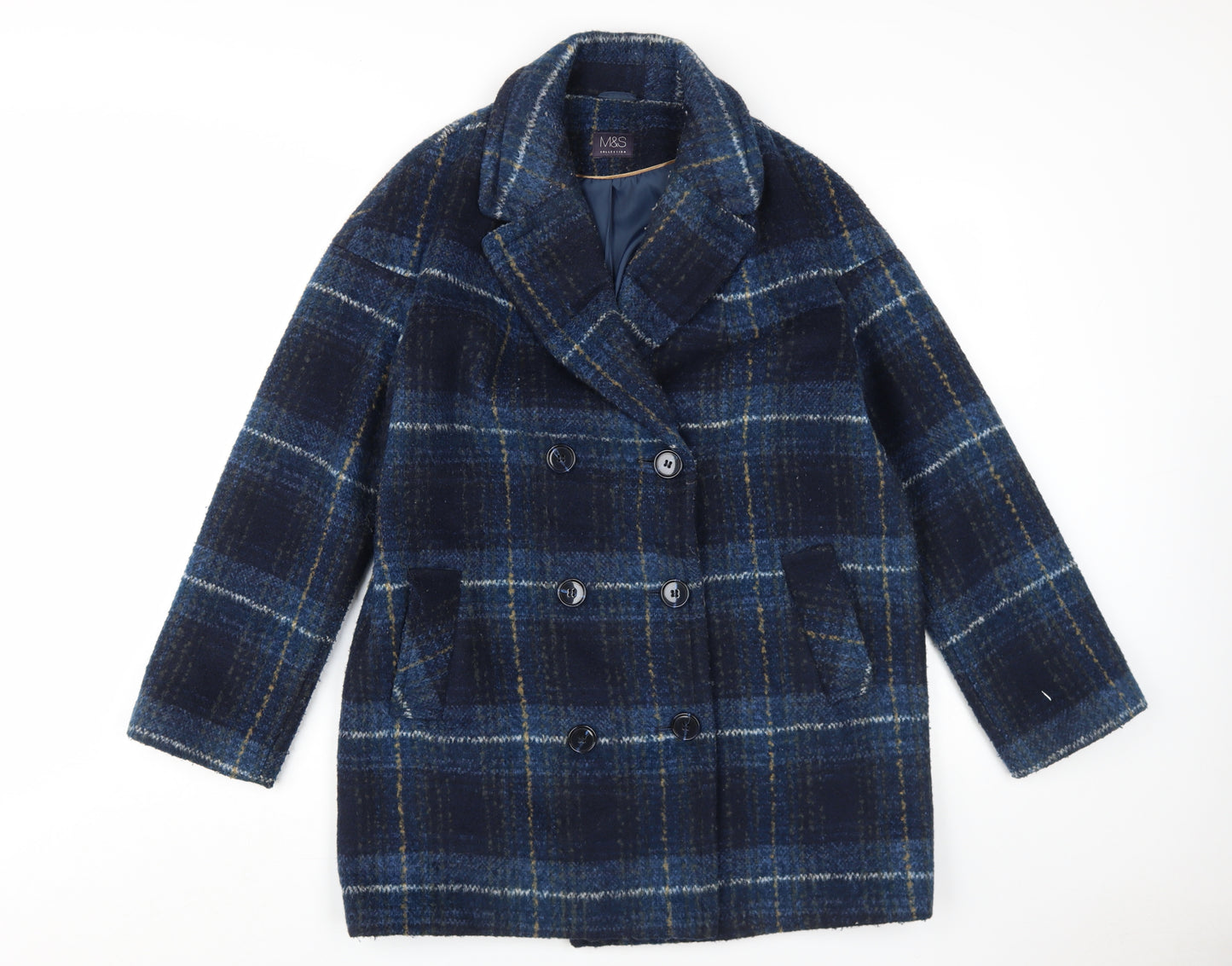 Marks and Spencer Women's Blue Plaid Size 14 Pea Coat