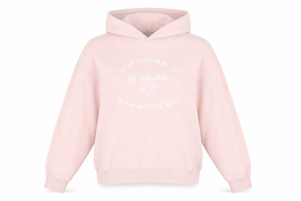 Front view of Bershka Women's Pink Pullover Hoodie, size M