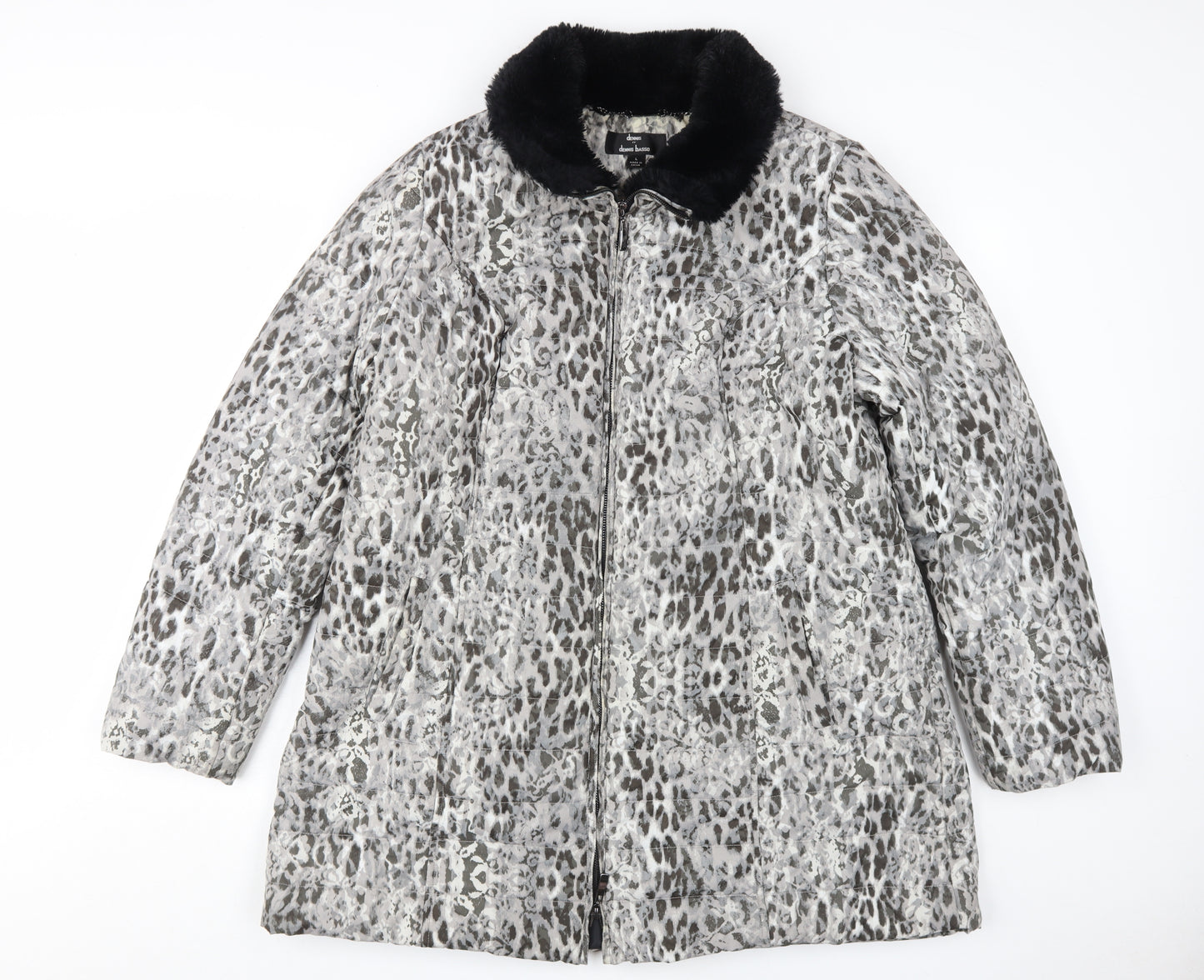 Dennis Basso Women's Grey Animal Print Puffer Coat L