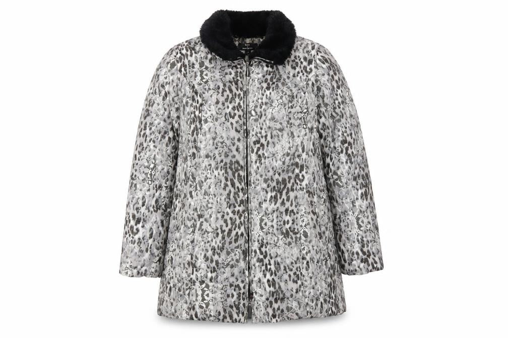 Front view of Dennis Basso Women's Grey Animal Print Puffer Coat L