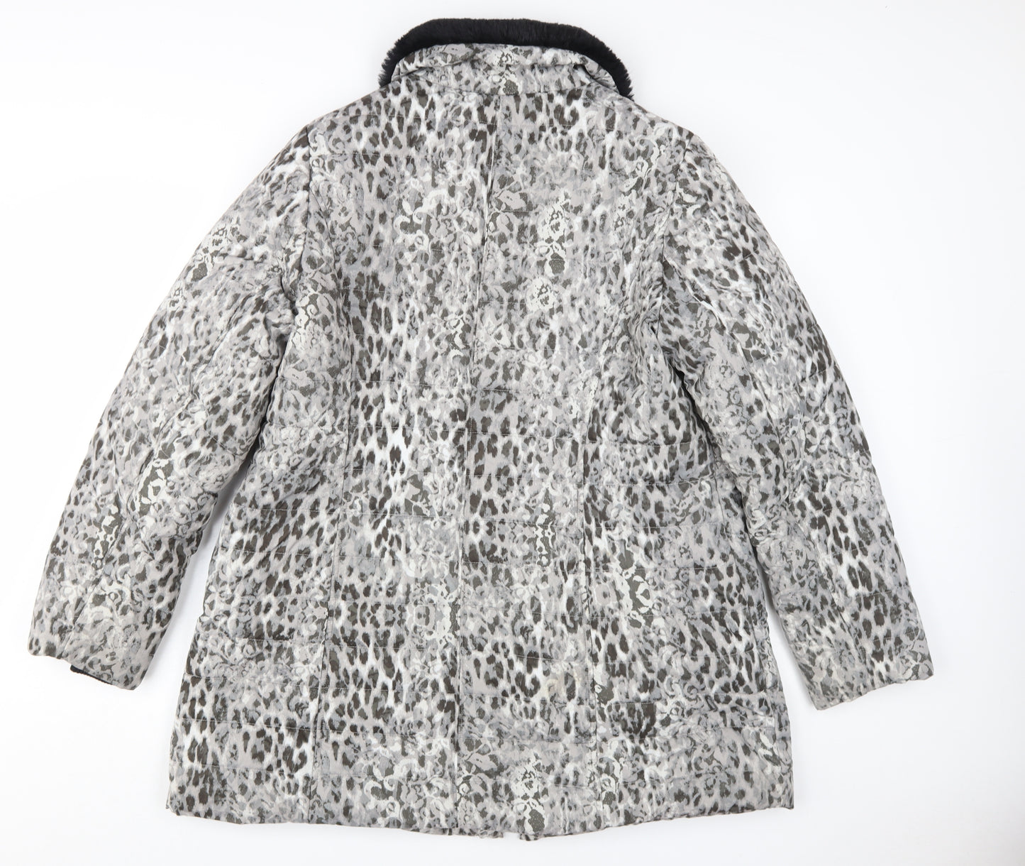 Dennis Basso Women's Grey Animal Print Puffer Coat L