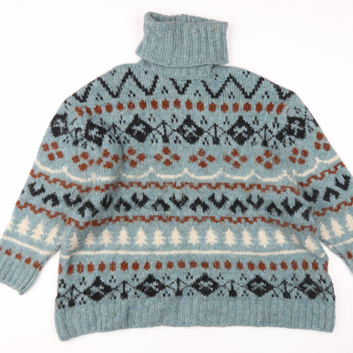 Zara Men's Fair Isle Roll Neck Jumper, Blue/Brown, M