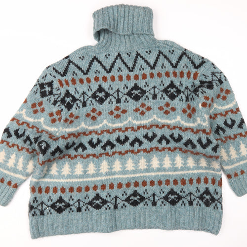 Zara Men's Fair Isle Roll Neck Jumper, Blue/Brown, M