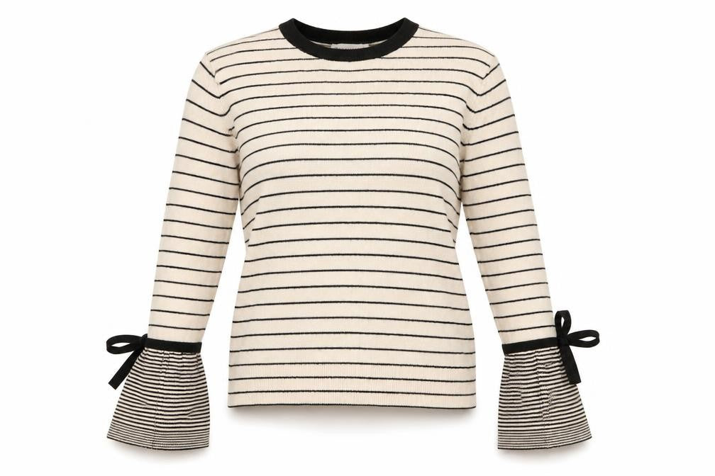 Front view of Warehouse Women's Beige Striped jumper, size 4