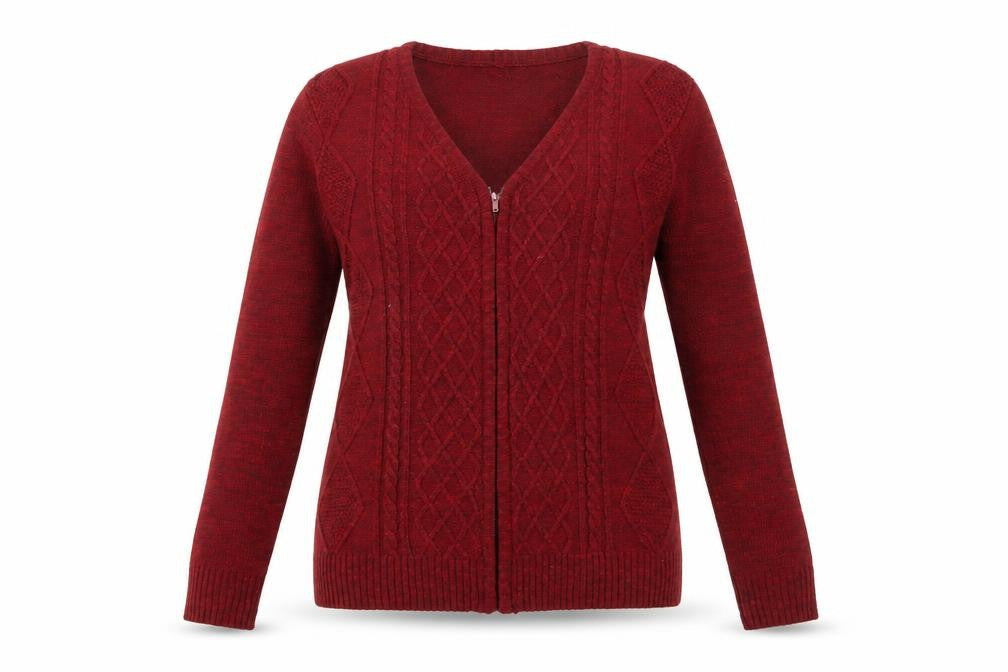 Front view of Bare Denim Women's Red XS Cable-Knit Cardigan