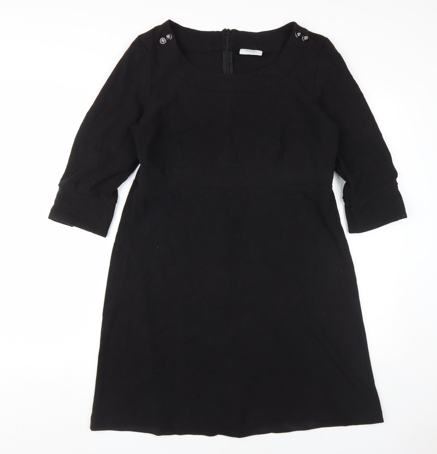Wallis Women's Black Shift Dress Size 14, 3/4 Sleeve, Button Accents