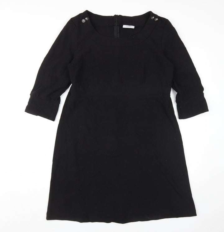 Wallis Women's Black Shift Dress Size 14, 3/4 Sleeve, Button Accents