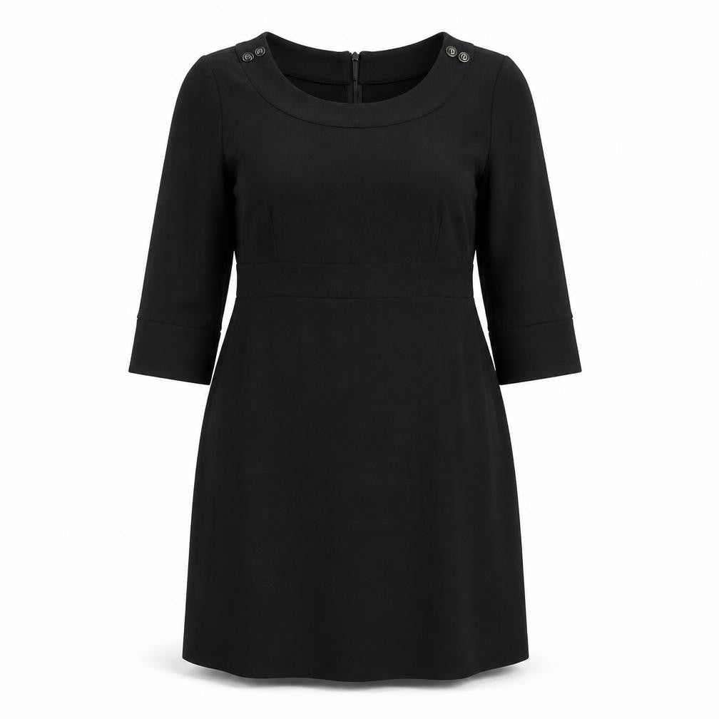 Front view of Wallis Women's Black Shift Dress, size 14, 3/4 Sleeve, Button Accents