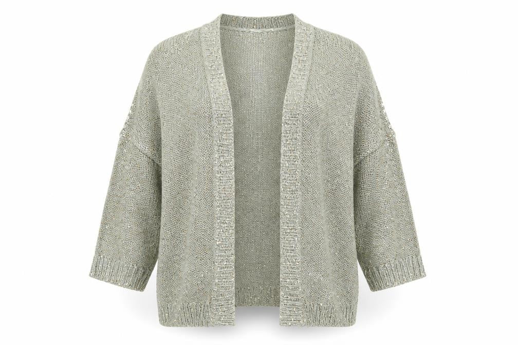 Front view of BHS Women's Green Sequin Open-Knit Cardigan, size 12