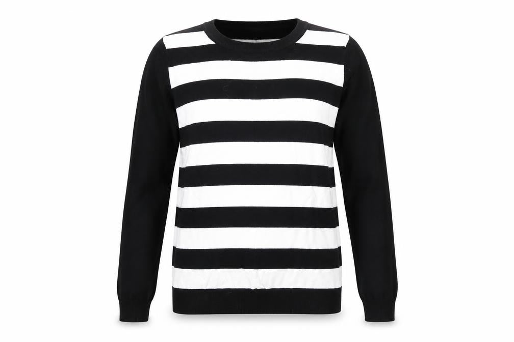 Front view of Warehouse Women's Black Striped jumper, size 10