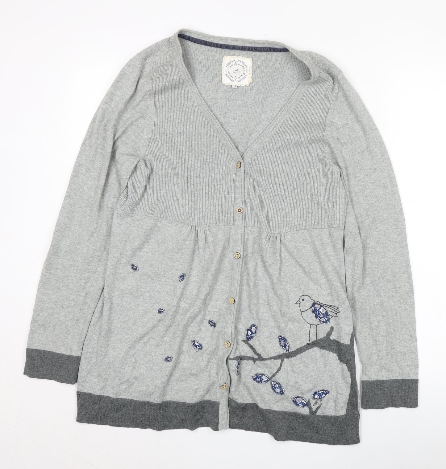 Mantaray Grey Women's Cardigan, Size 14, V-Neck, Nature Theme
