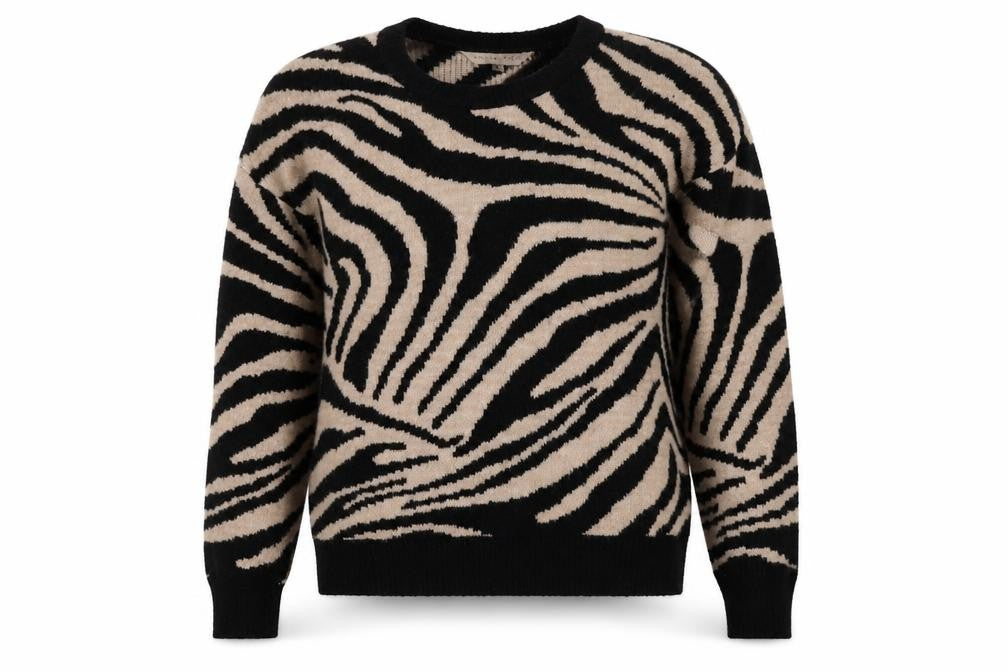 Front view of Amara Reya Women's Zebra Print Jumper, M, Black/Beige