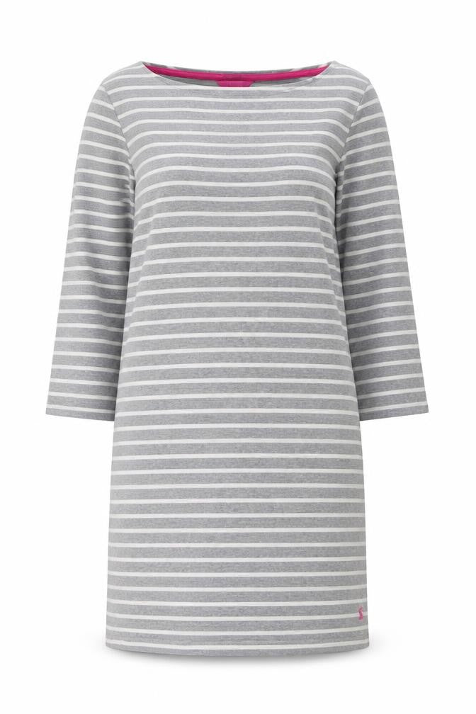 Front view of Joules Women's Grey Striped Shift Dress, size 10