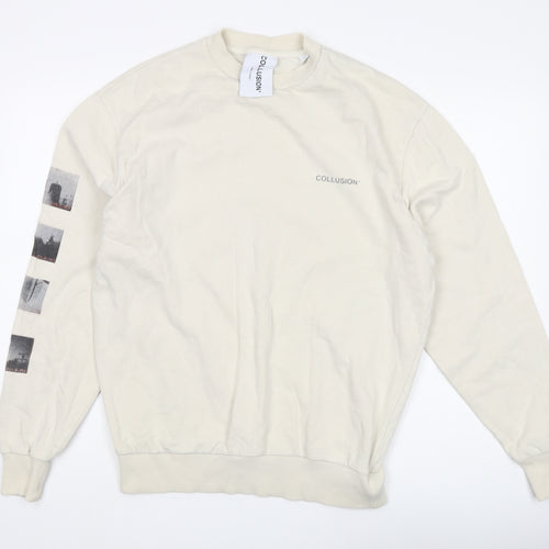 Collusion Unisex Beige Graphic Logo Pullover Sweatshirt XS