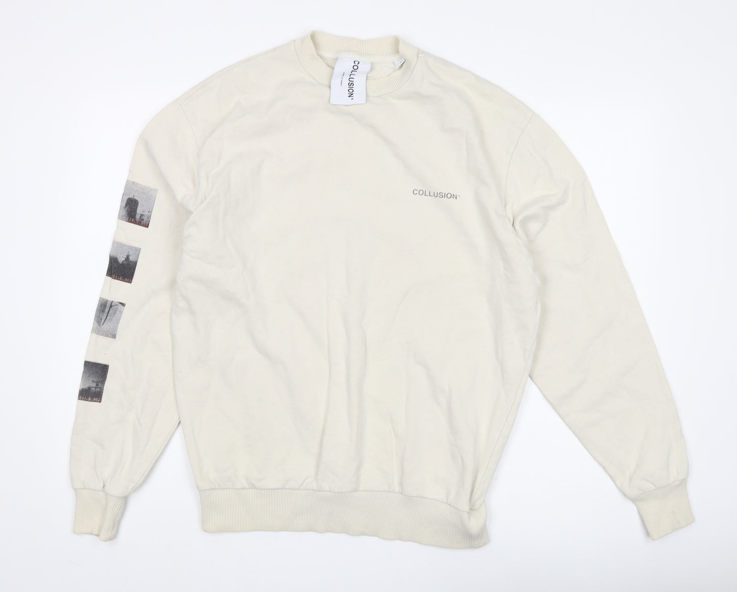 Collusion Unisex Beige Graphic Logo Pullover Sweatshirt XS