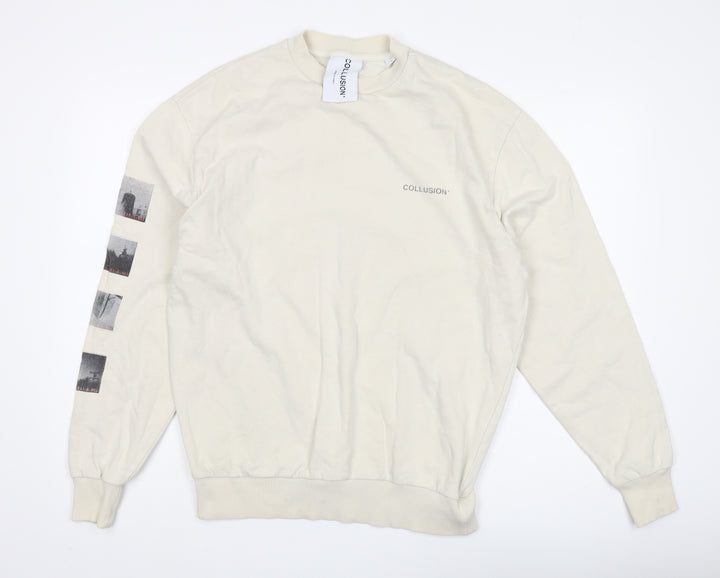 Collusion Unisex Beige Graphic Logo Pullover Sweatshirt XS