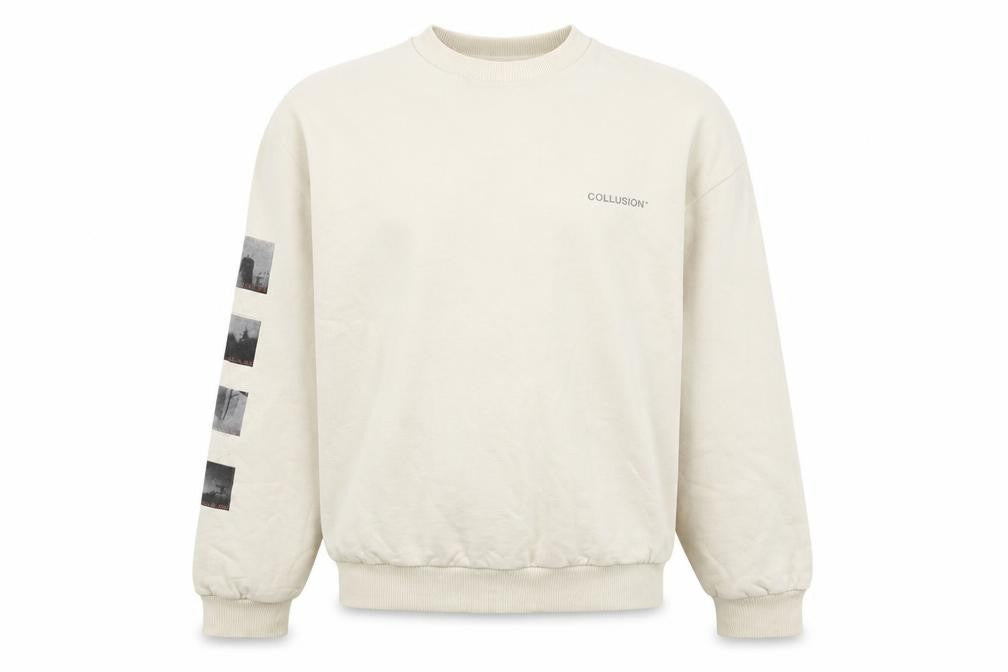 Front view of Collusion unisex beige graphic logo pullover sweatshirt xs