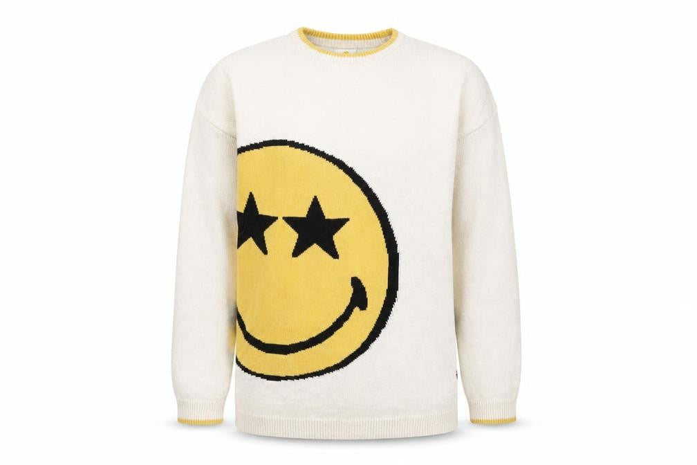 Front view of Smiley World boys’ beige jumper, 16 years, fun graphic print