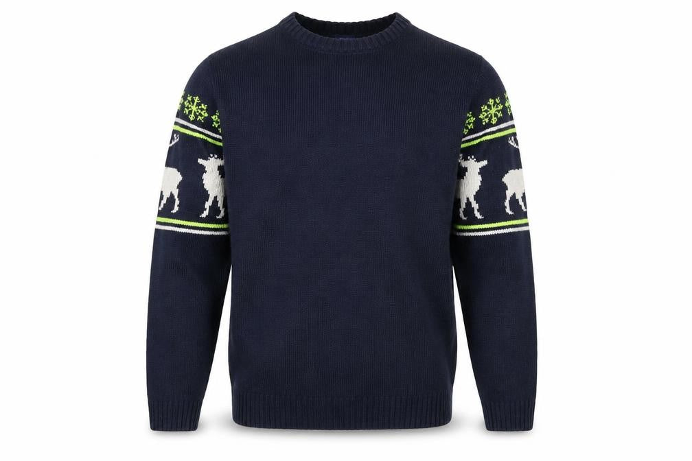 Front view of H&M unisex blue reindeer winter jumper s
