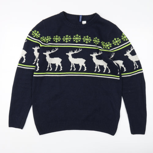 H&M Unisex Blue Reindeer Winter Pullover Jumper S