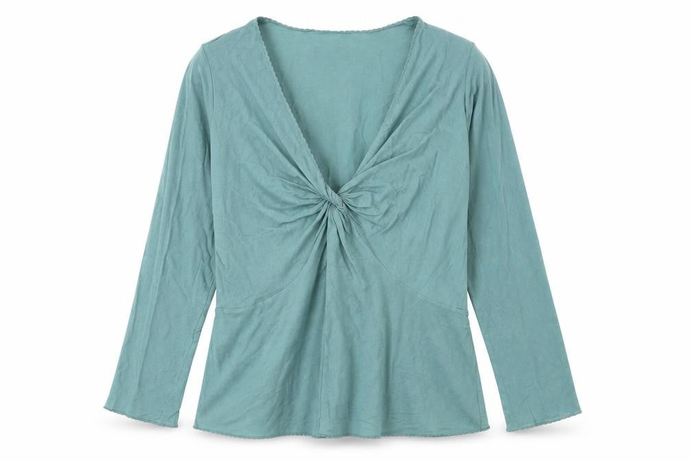 Front view of Kew Women's Green XL Wrap Top Long Sleeve Casual