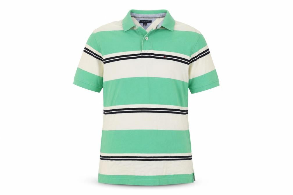 Front view of Tommy Hilfiger Men's Green Striped Polo M