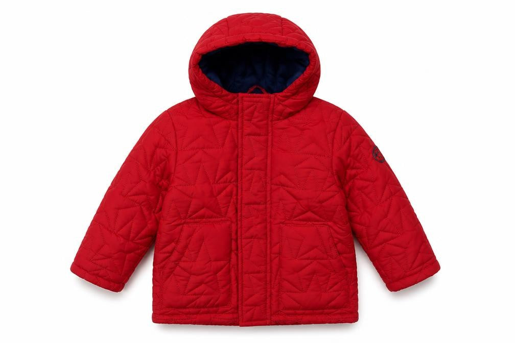 Front view of Threadcub girls’ red hooded puffer jacket 2 years winter wear