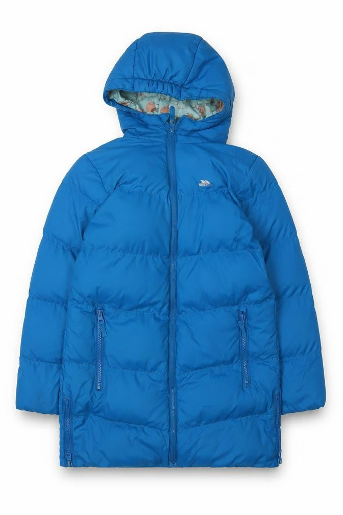 Front view of Trespass girls’ blue hooded puffer jacket 7-8 years