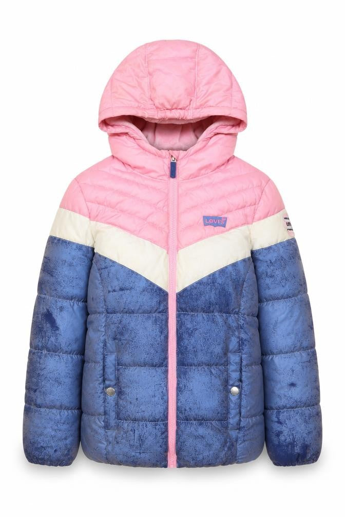 Front view of Levi's girls’ puffer jacket 10y pink blue colourblock