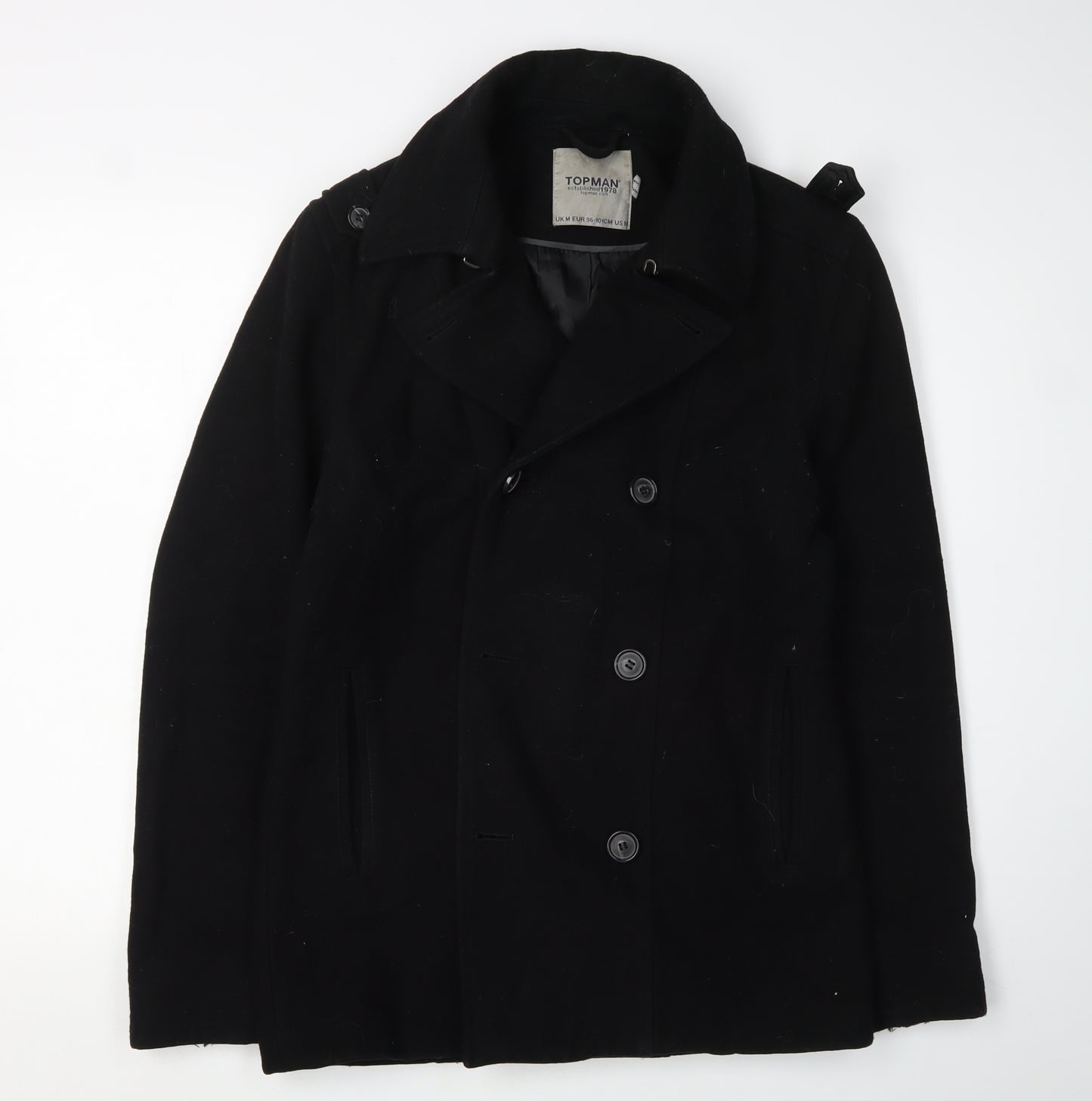 Topman Men's Black Pea Coat M Classic Winter Style
