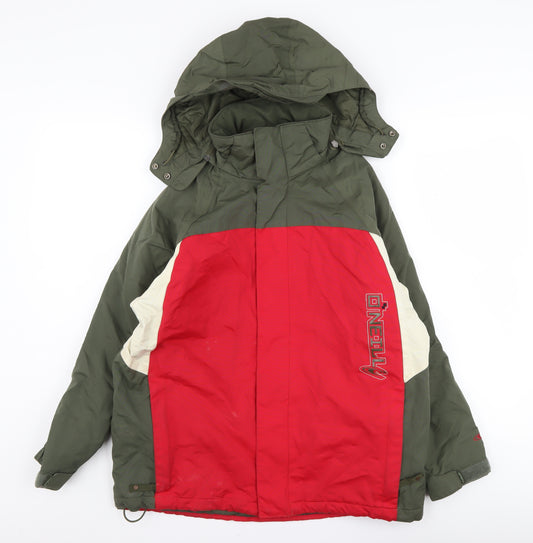Front view of O'Neill girls’ red ski jacket, age 12, hooded insulated
