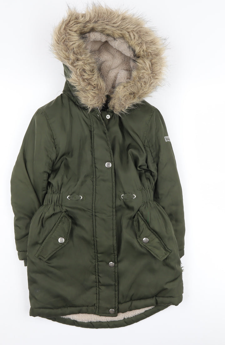 Maine Girls Green Parka Coat with Fur Trim, 7-8 Years