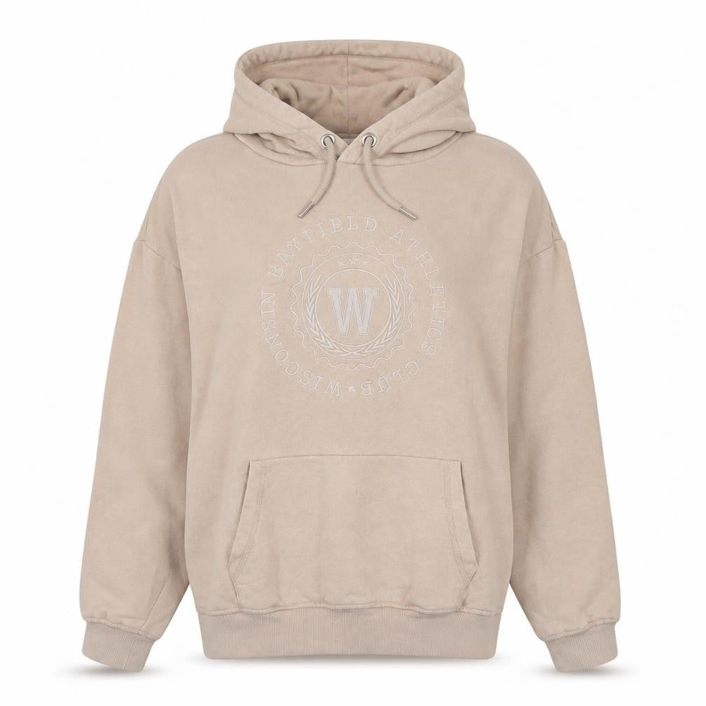Front view of H&M unisex beige pullover hoodie, size 12