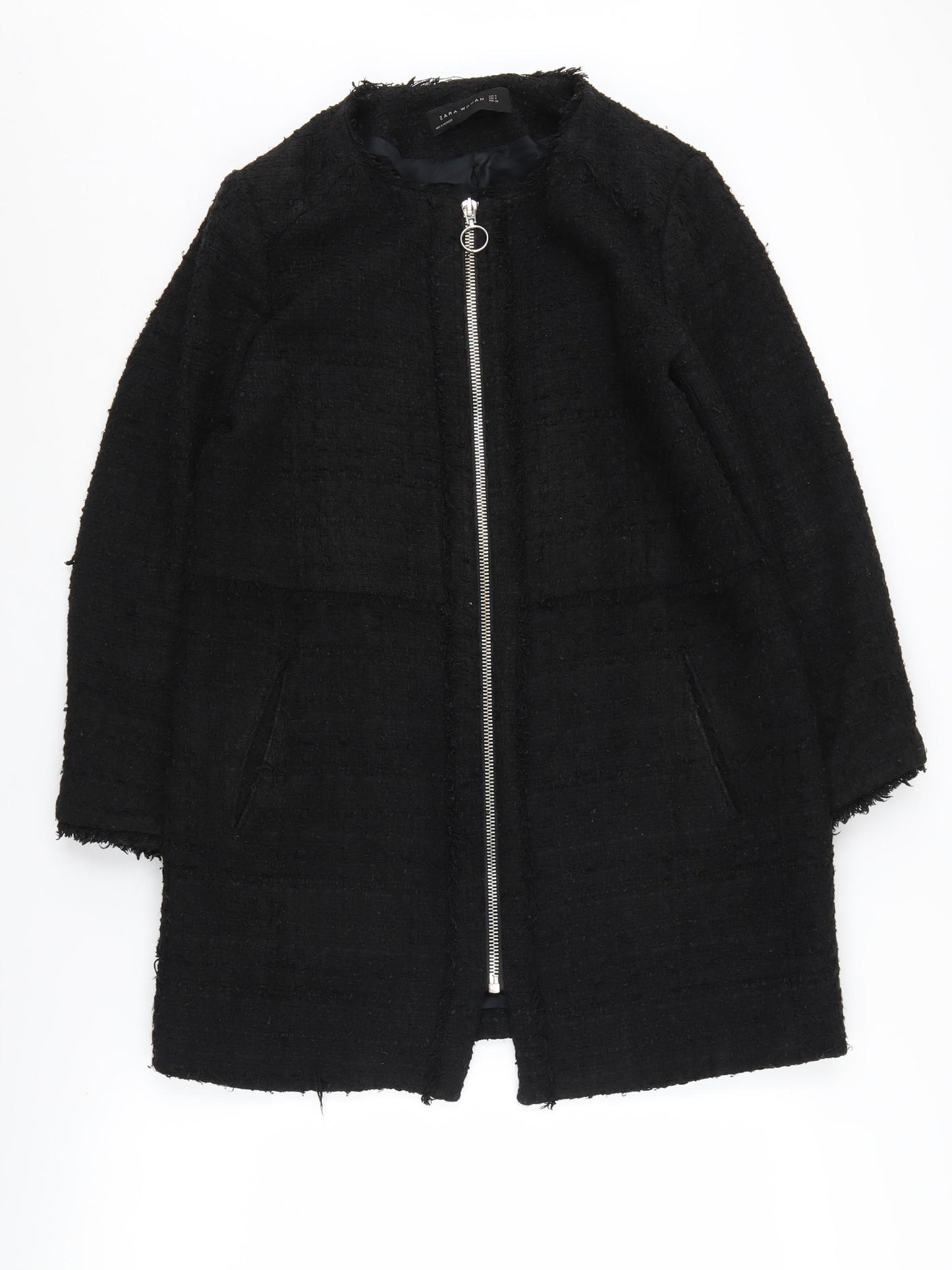 Zara Women's Black Tweed Coat, Size 12, Casual Zip