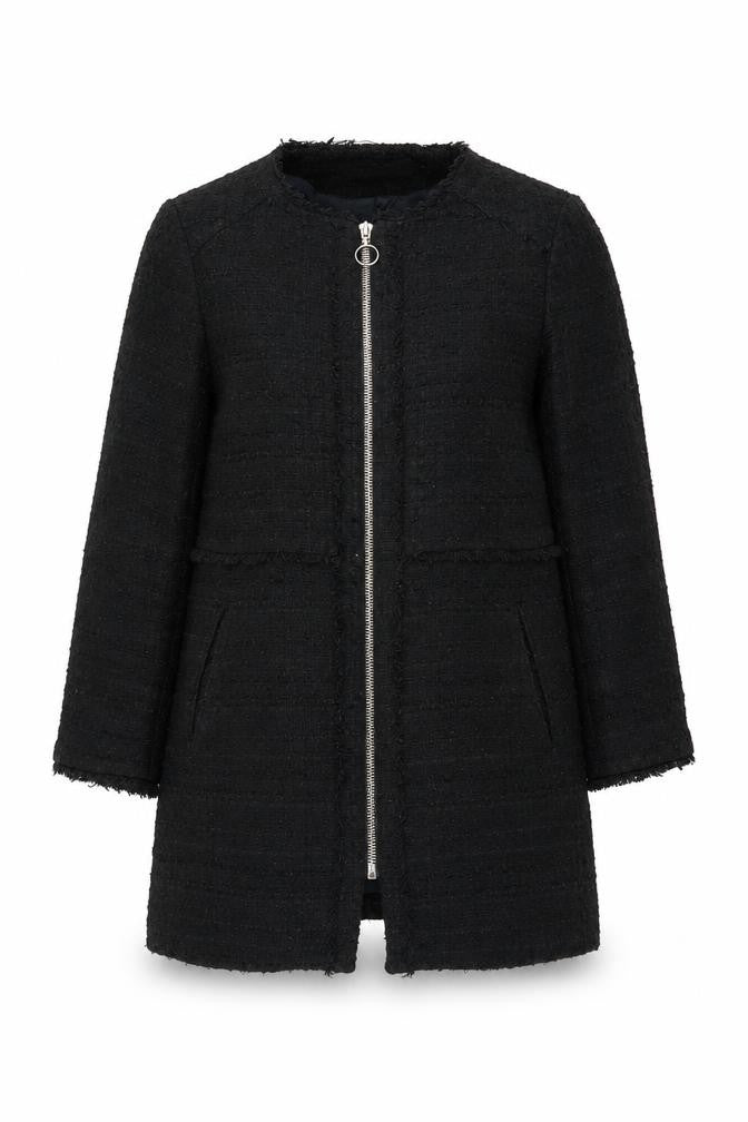 Front view of Zara Women's Black Tweed Coat, size 12, Casual Zip