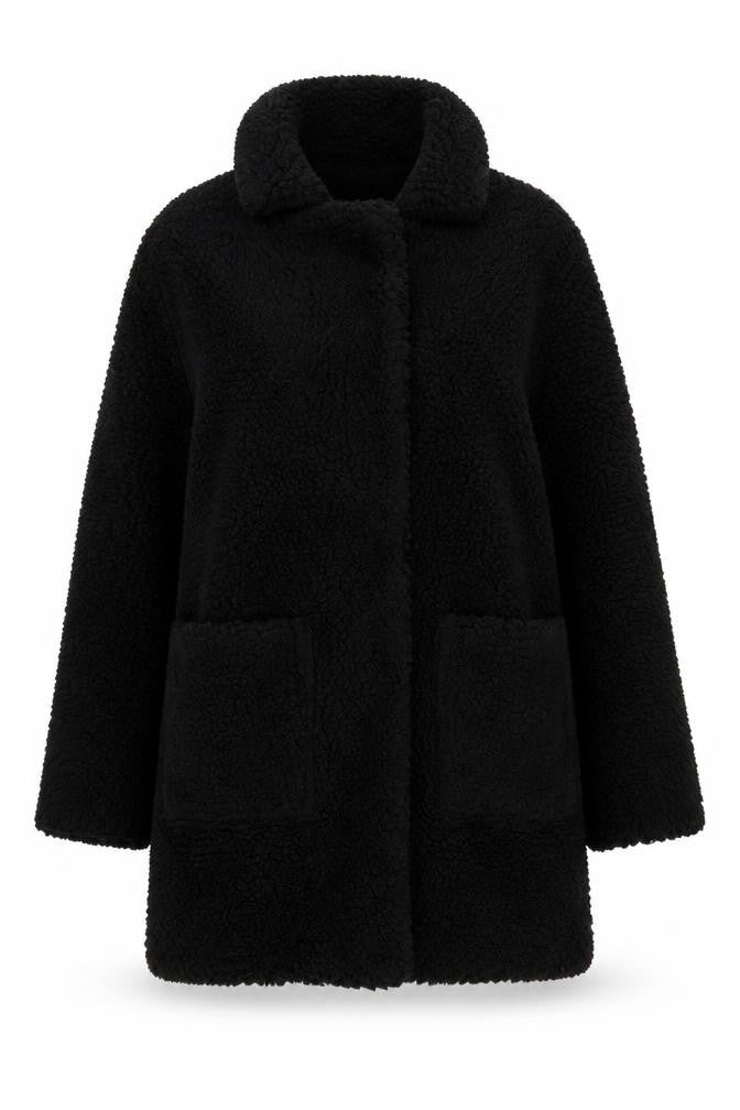 Front view of New Look Women's Black Coat, size 10, Mid-Length Snap Closure