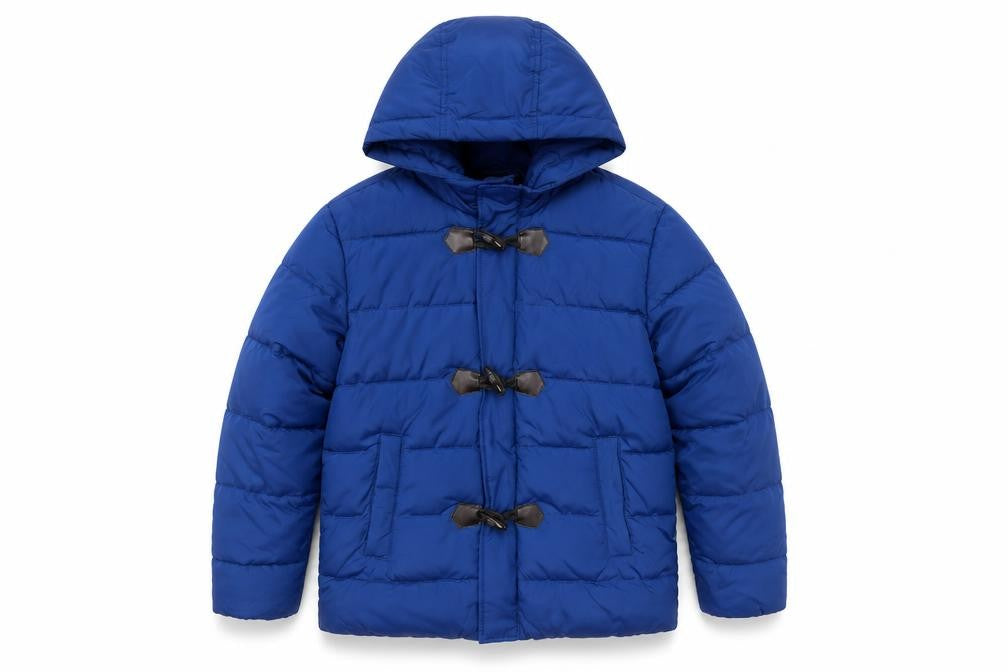 Front view of Benetton boys’ blue xl puffer jacket with hood