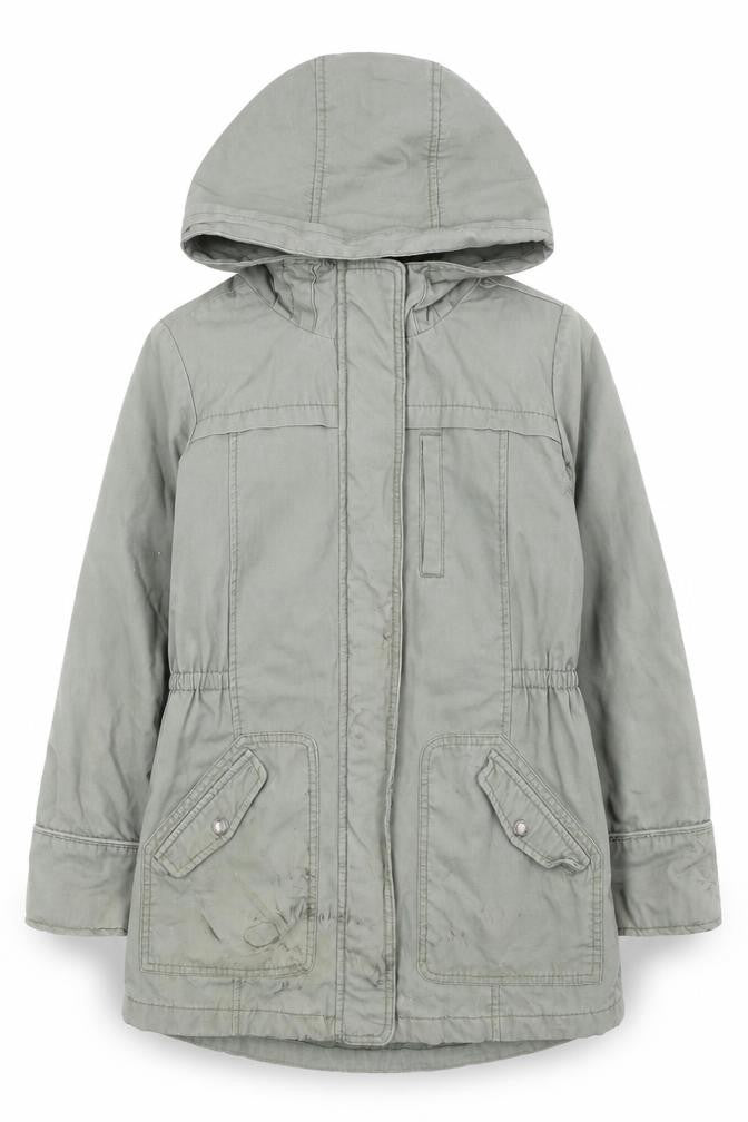 Front view of Gap boys’ green parka 12-13 years hooded mid-length jacket