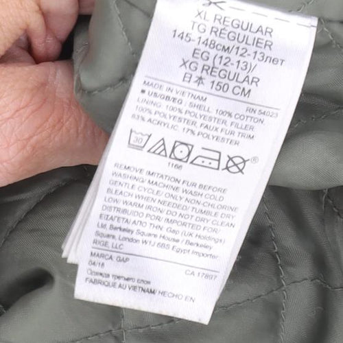 GAP Boys Green Parka 12-13 Years Hooded Mid-Length Jacket