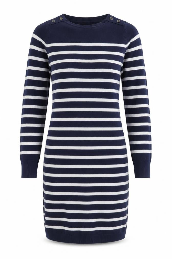 Front view of JoJo Maman Bébé Women's Blue Striped Shift Dress, size S
