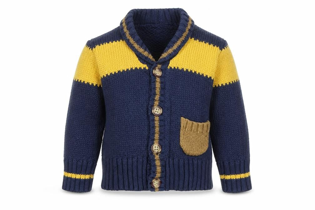 Front view of mamas & papas boys’ blue collared cardigan 1-2 years