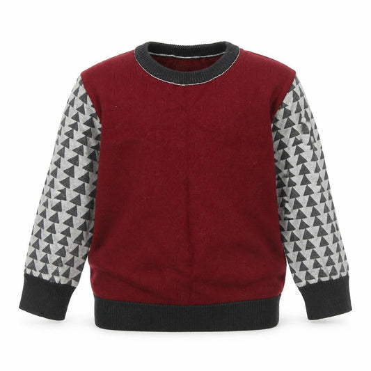 Front view of mamas & papas boys’ geometric red jumper, size 146