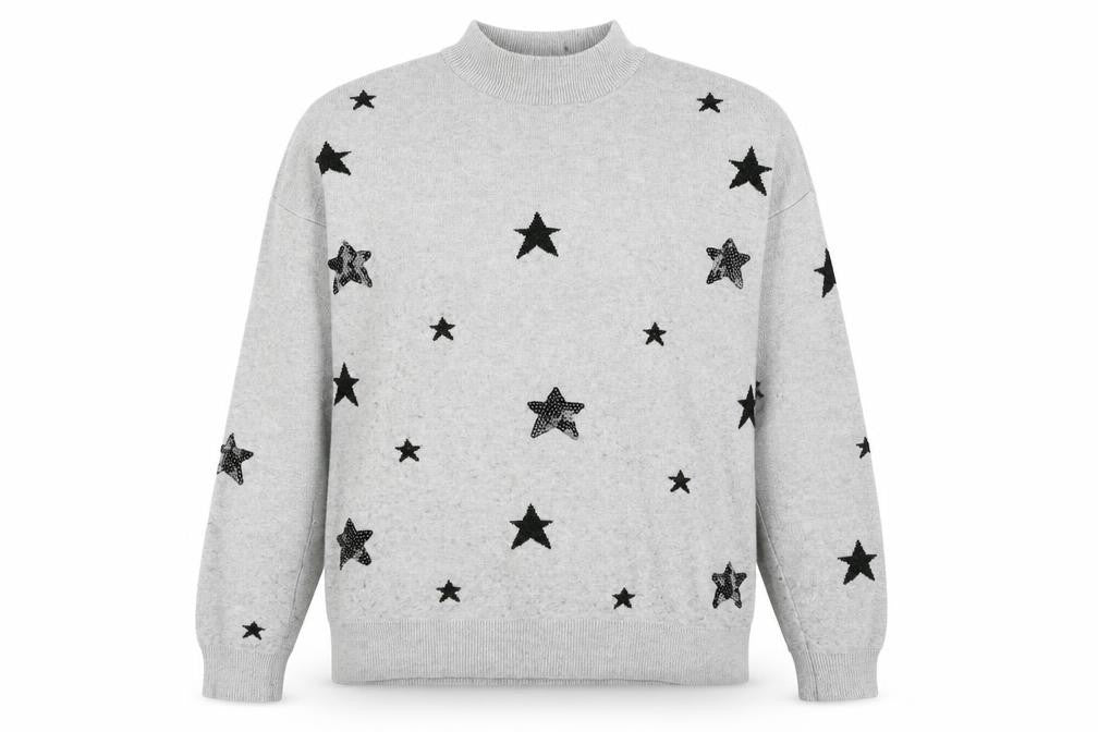 Front view of Vero Moda Women's Grey Star Sequin High Neck Jumper
