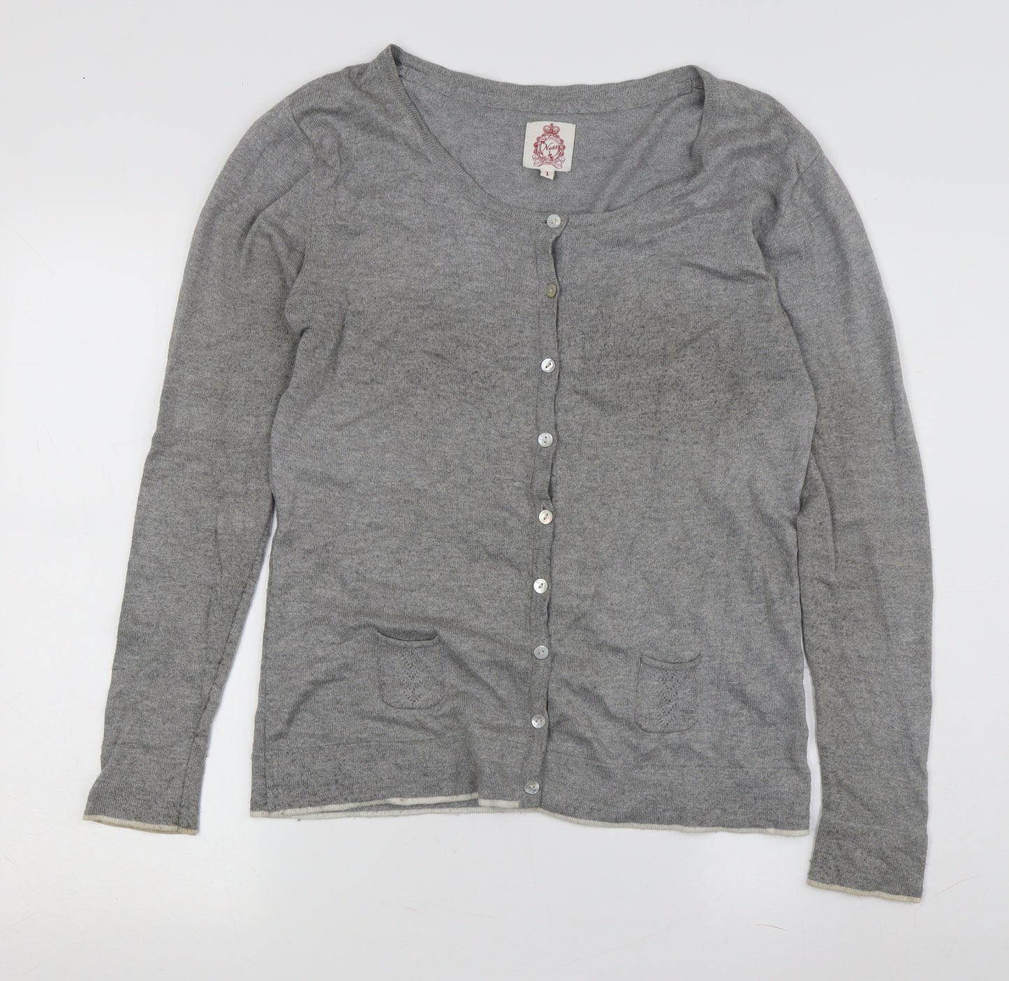 Yosh Women's Grey Cardigan, Size 2, Round Neck, Button Accent