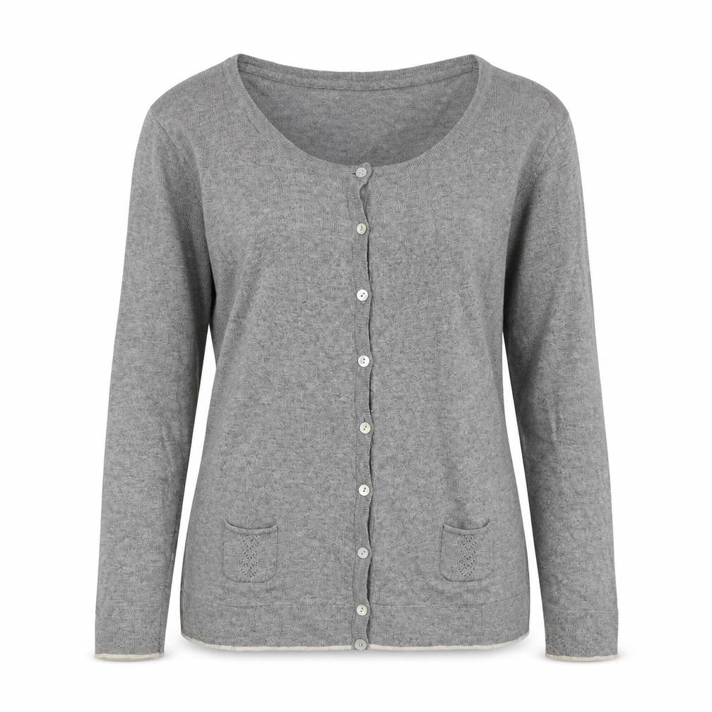 Front view of Yosh Women's Grey Cardigan, size 2, Round Neck, Button Accent