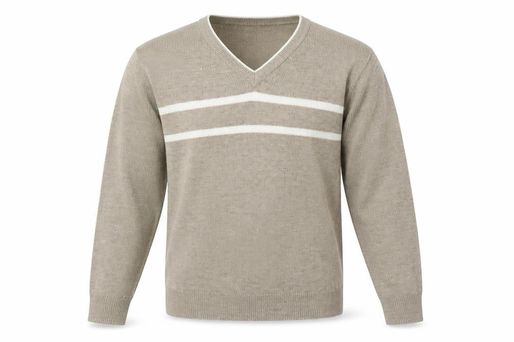 Front view of EWM Men's Beige V-Neck jumper, size S