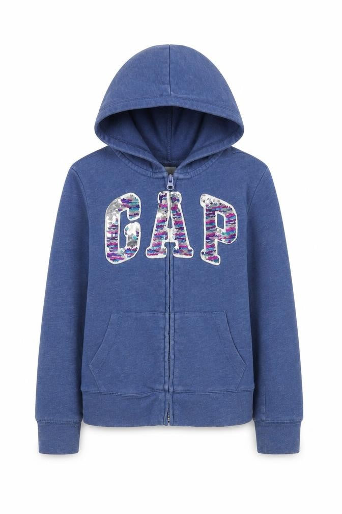 GAP Girls Blue Sequin Logo Hoodie L - Full Zip, Casual Wear