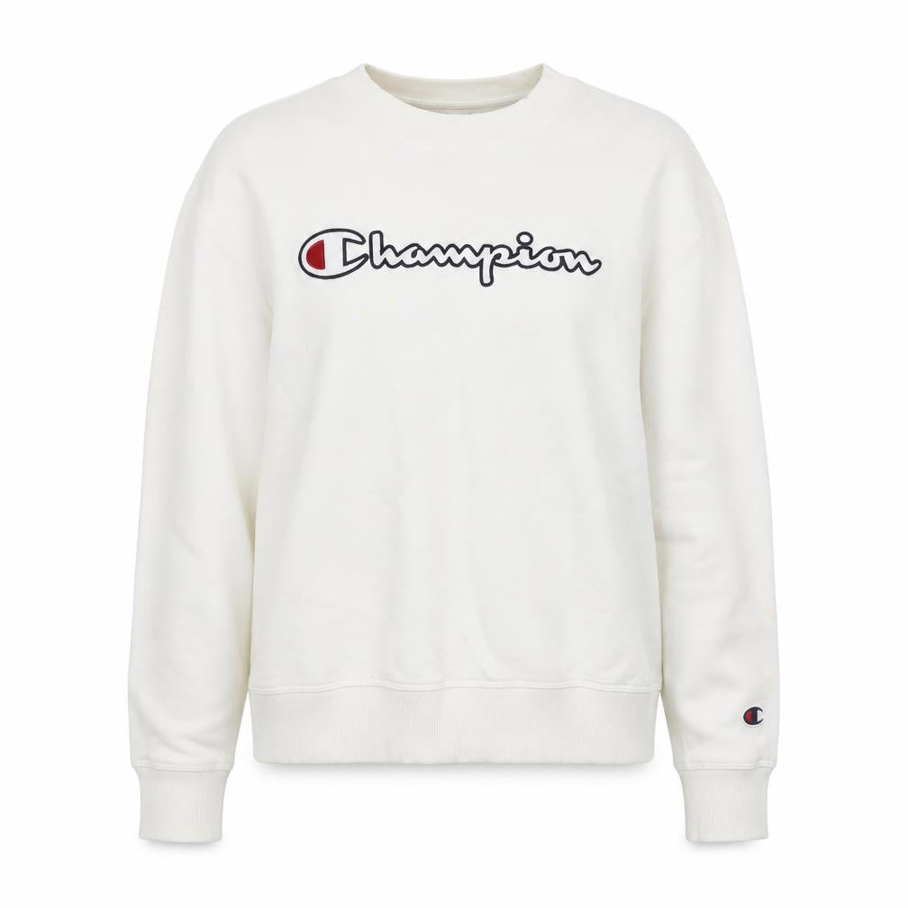 Front view of Champion White unisex pullover sweatshirt s